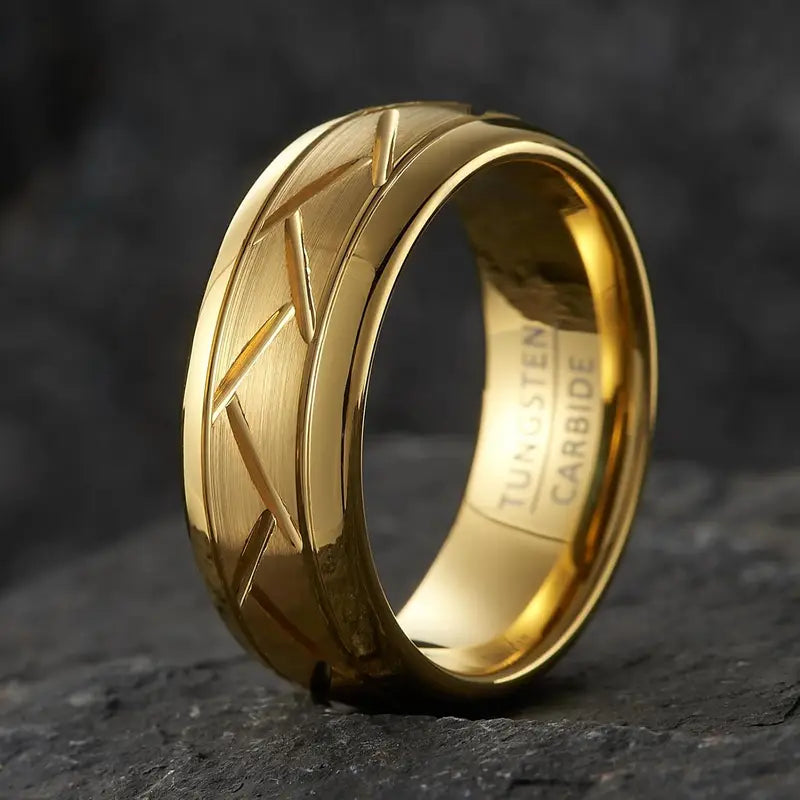 Chevron Royale — 8mm Tungsten Wedding Band (Silver, Black & Gold)