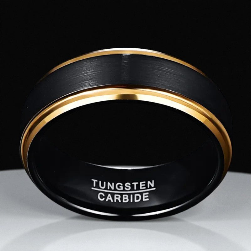 Obsidian Edge — 8mm Black Matte Tungsten Ring with Golden Edge