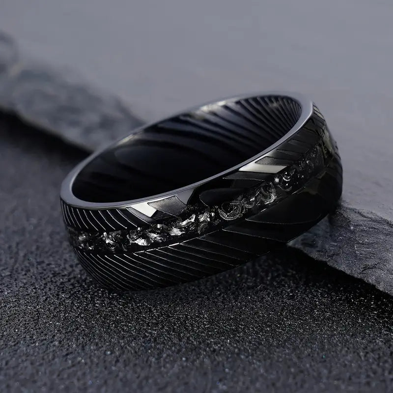 Damascus Forge — 8mm Hammered Tungsten Ring with Crushed Meteorite Inlay