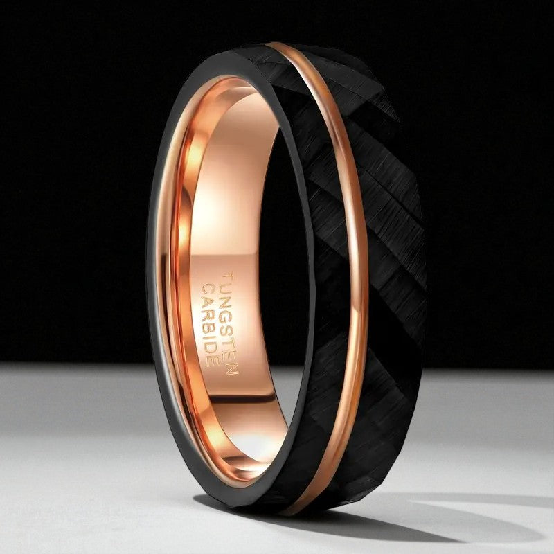 Midnight Rose — Black Tungsten Ring with Rose Gold Inlay (6mm / 8mm)
