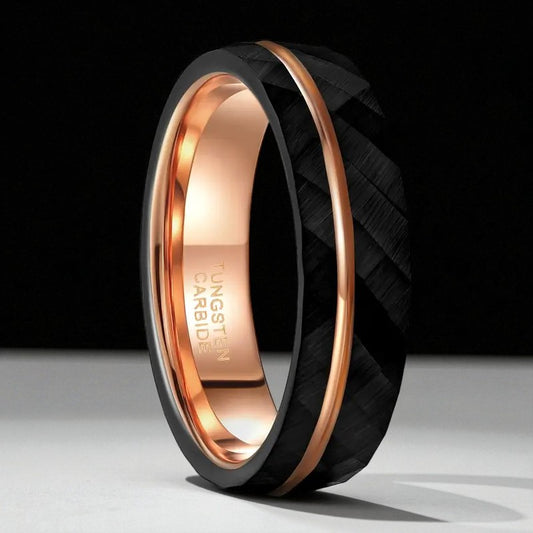 Midnight Rose — Black Tungsten Ring with Rose Gold Inlay (6mm / 8mm)