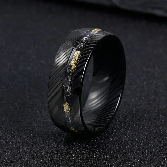Damascus Forge — 8mm Hammered Tungsten Ring with Crushed Meteorite Inlay