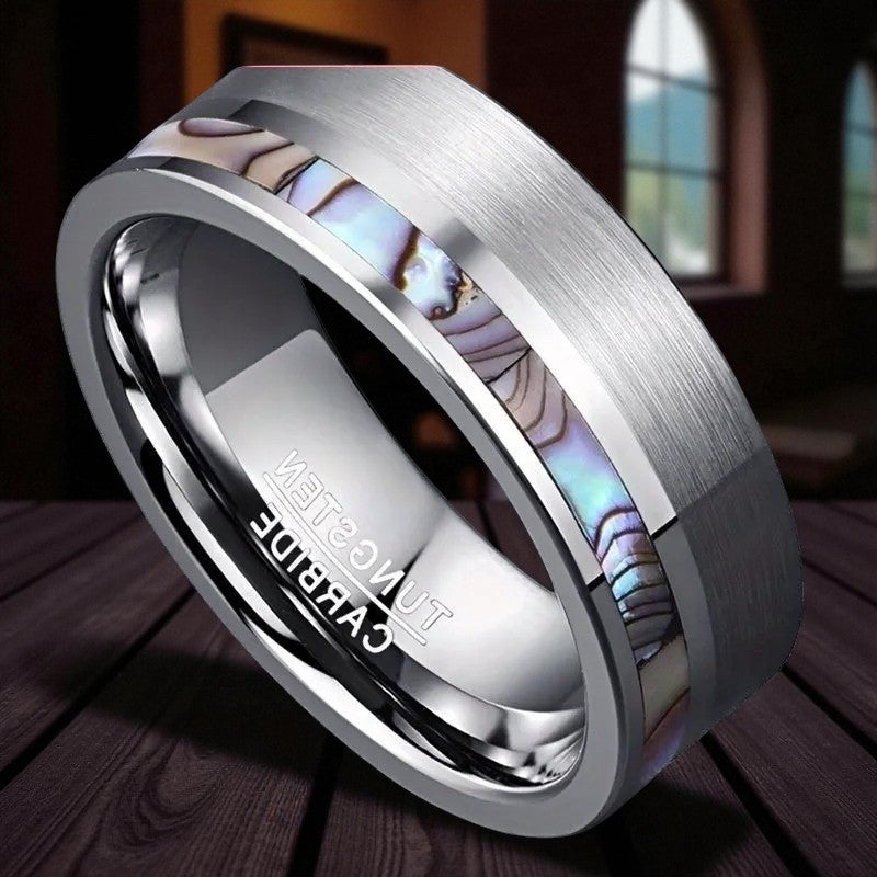 Ocean Minimalist — Tungsten Ring with Shell Pattern