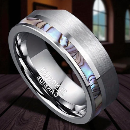 Ocean Minimalist — Tungsten Ring with Shell Pattern