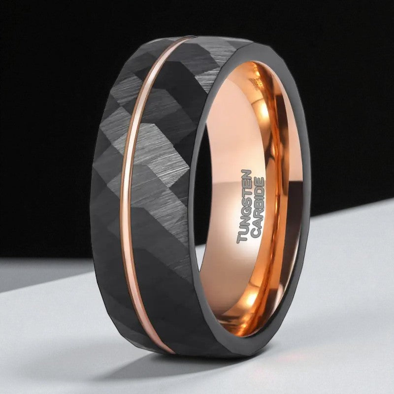 Midnight Rose — Black Tungsten Ring with Rose Gold Inlay (6mm / 8mm)