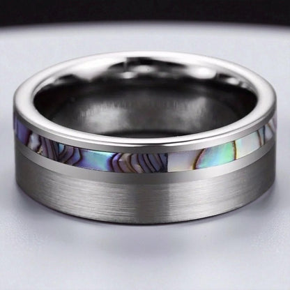 Ocean Minimalist — Tungsten Ring with Shell Pattern
