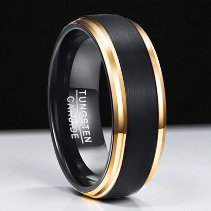 Obsidian Edge — 8mm Black Matte Tungsten Ring with Golden Edge
