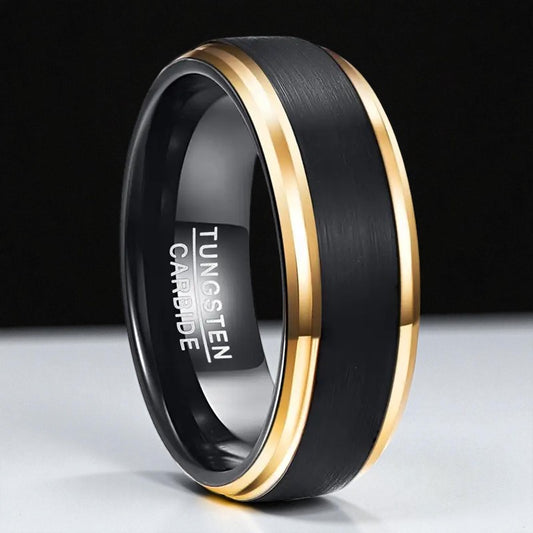 Obsidian Edge — 8mm Black Matte Tungsten Ring with Golden Edge