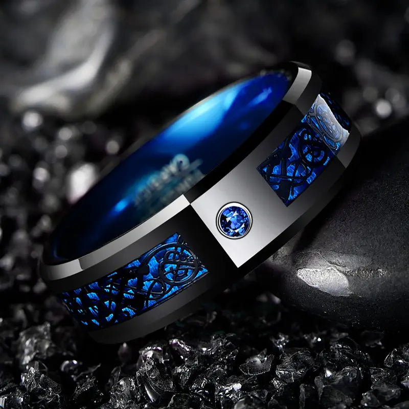 Blue Dragon Forge — 8mm Black Tungsten Ring with Blue Carbon Fibre Inlay