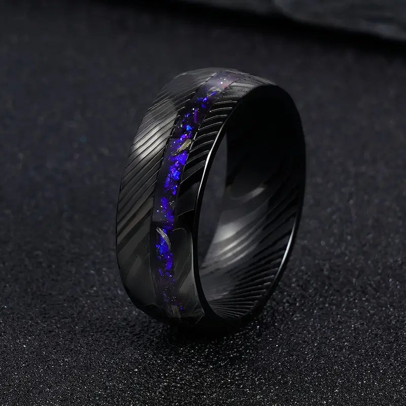 Damascus Forge — 8mm Hammered Tungsten Ring with Crushed Meteorite Inlay