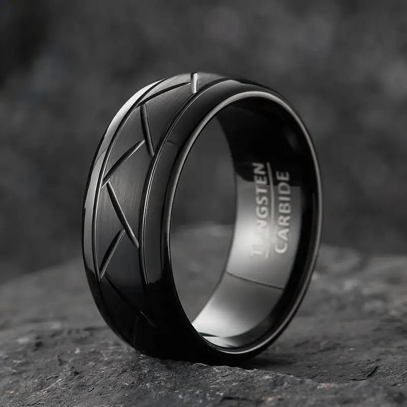 Chevron Royale — 8mm Tungsten Wedding Band (Silver, Black & Gold)
