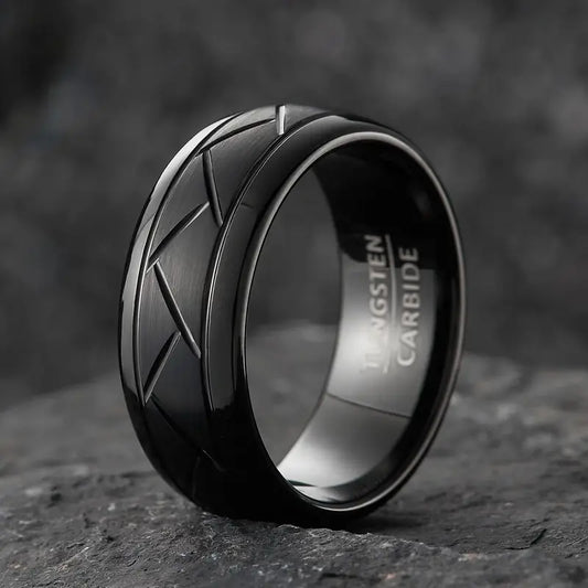 Chevron Royale — 8mm Tungsten Wedding Band (Silver, Black & Gold)